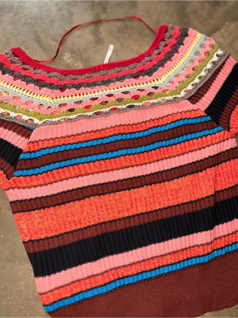 Free People Crochet Bell Sleeve Crop Sweater XS Boho Festival Stripe - Picture 8 of 9